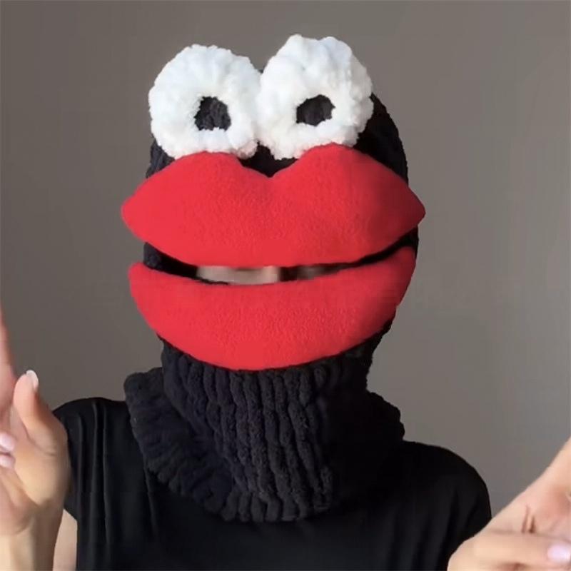 Funny Red Lips Creative Knitted Hat Beanies for Party Warm Prank Full Face Cover Ski Mask Windproof Balaclava Hat for Men Women