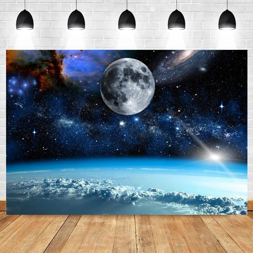 Happy Birthday Party Decor Outer Space Photography Background Custom Astronaut Rocket Galaxy Planet Photo Kids Gift Baby Shower