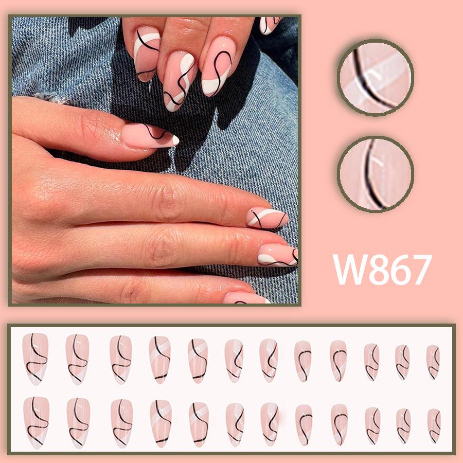 

Европейско-американский шик: Черно-белые волнистые линии, двухцветный миндаль, сладкий и смелый, носимый нейл-арт