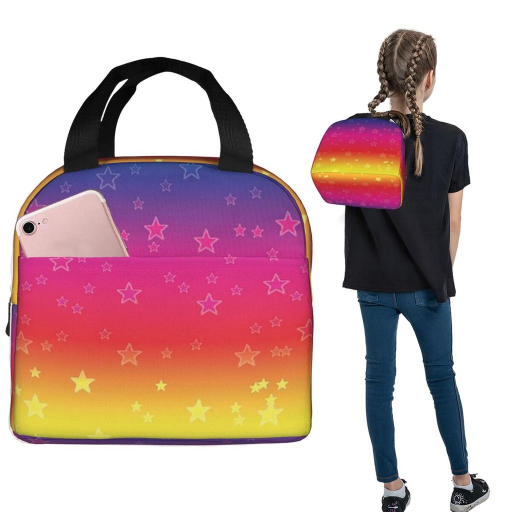 Rainbow Stripe Background And Stars Insulated Lunch Bag for Women Children Portable Food Boxes Thermal Lunch Box Tote