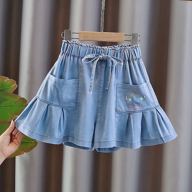 Girls' Summer New Denim Shorts Girls' Casual Pleated Skirt Pants Medium and Large Children's Outerwear Pants Skirt