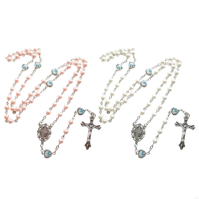 White Acrylic Pearl Long Catholic Necklace Cross Pendant Rosary Necklace Jesus Religious Jewelry Gift