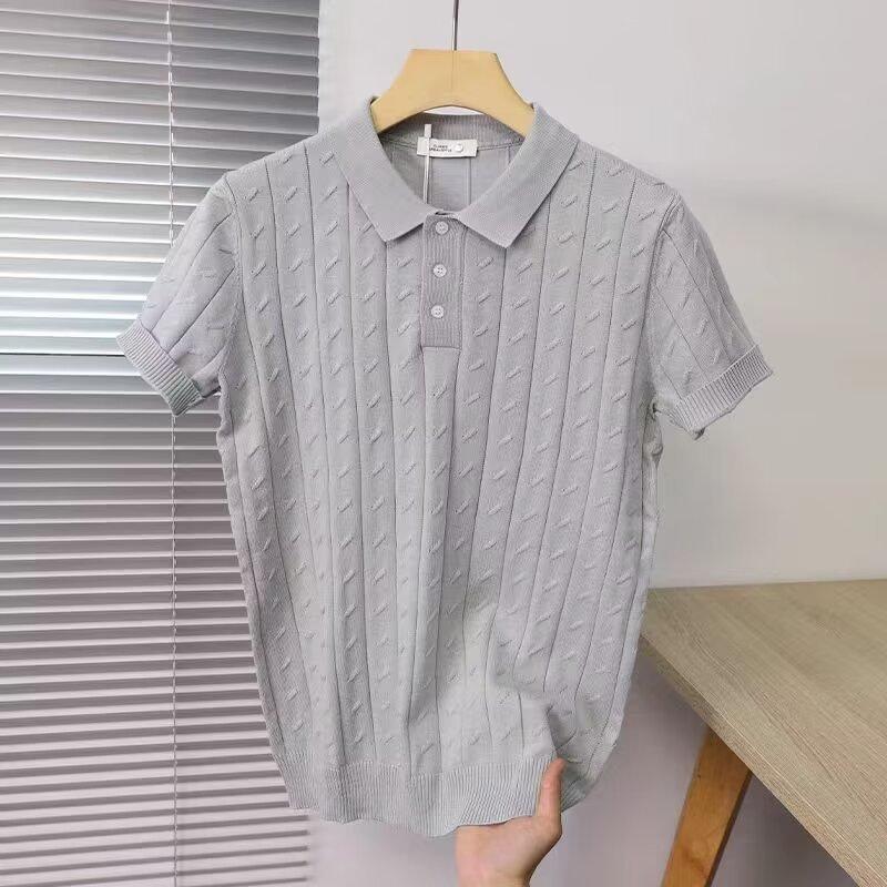 

Мужская трикотажная рубашка-поло с коротким рукавом жаккардового плетения класса люкс Мужская однотонная футболка с отложным воротником и рукавом до локтя из ледяного шелка M серый