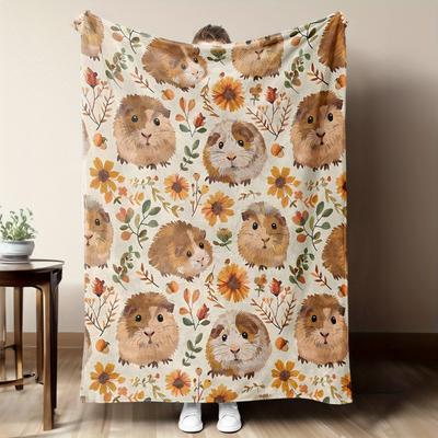 1 Stück Kuschelige Flanelldecke mit entzückendem Meerschweinchen- und Blumendesign - Weiche Warme Überwurfdecke für Sofa Bett Büro