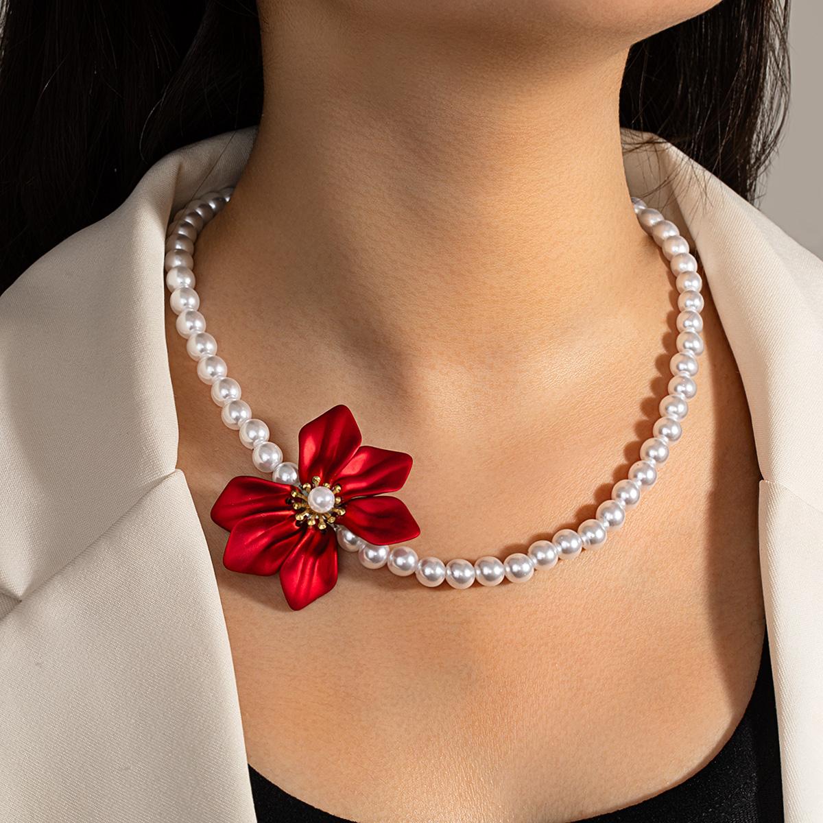 

Elegant red flower imitation pearl necklace versatile six petal flower earrings temperament simple women s jewelry set