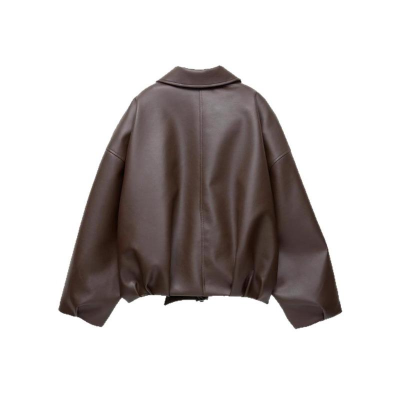 Women's Brown Faux Leather Pilot Jacket with Belt
