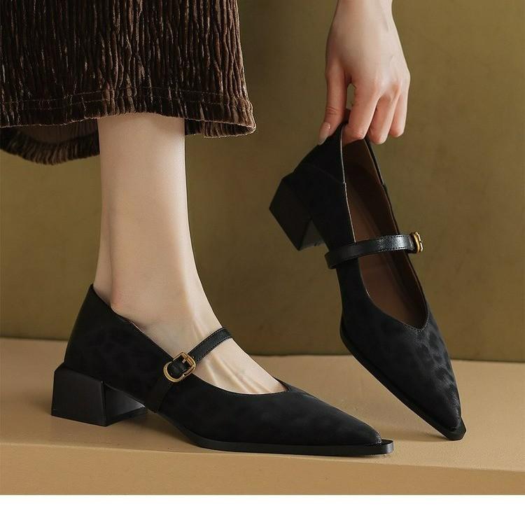 Thick Heel Pointed French Mary Jane Shoes Spring New Shallow Mouth Single Shoes with Skirt