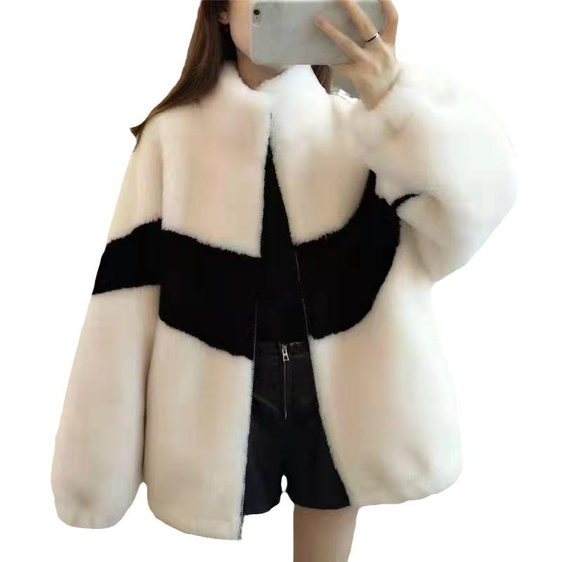 Women's Plush Korean-Style Loose Coat: Spliced, Thickened, for Autumn & Winter Fashion 2023