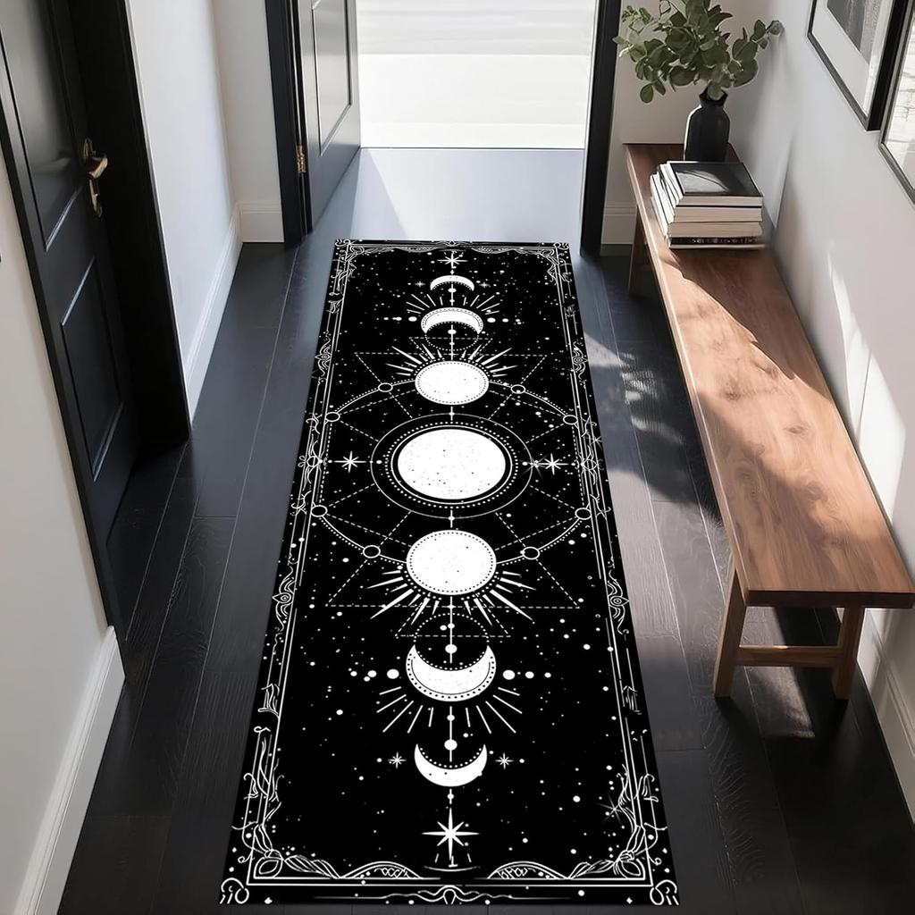 Sun and Moon Runner Rug, Boho Moon Phase Celestial Night Sky Witchcraft Sun Moon Gothic Area Rugs, Meditation Floor Mat