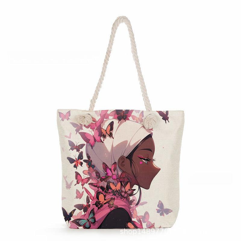 Multifunctional Black Girl Printed Thick Rope Shoulder Beach Bag 7577