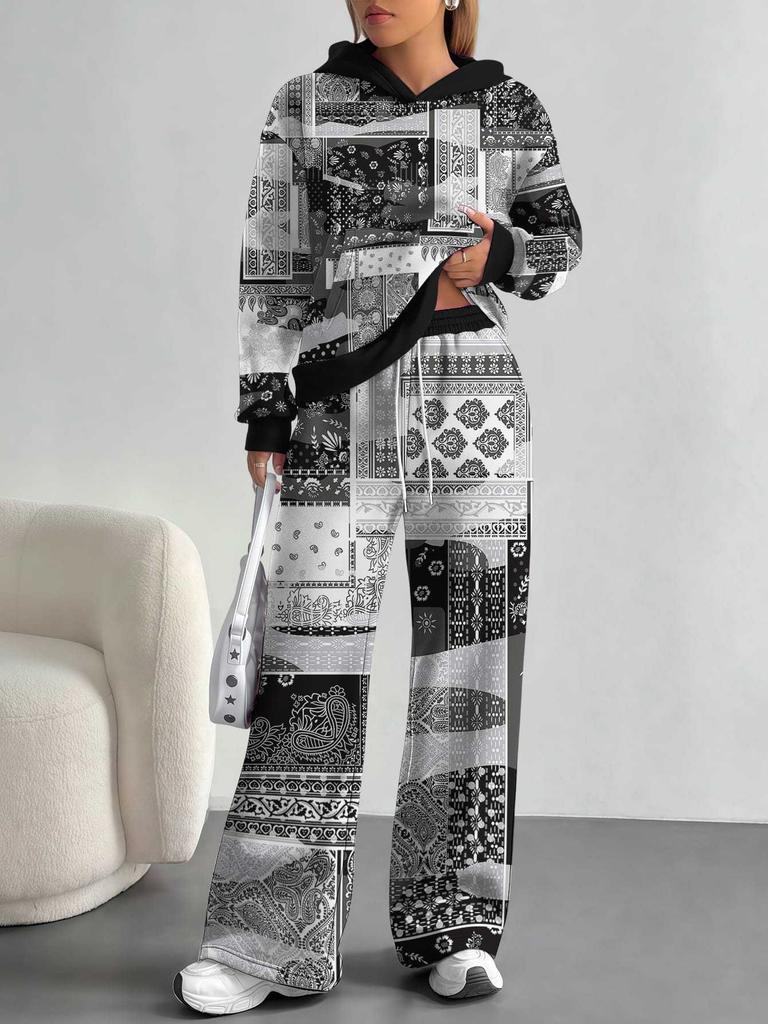 Splicing European And American Autumn And Winter Casual Long-Sleeved Suit Women'S Hooded Sweater Trousers Two-Piece Set