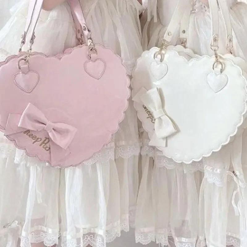 PU Heart Lolita Handbag with Bow Decor Two Sizes Japanese Kawaii Shell Purse Pink Messenger Bag Casual PU Bag