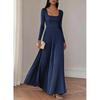 Elegant Square Neck Long Sleeve Waist-Cinched Pleated Maxi Dress Women 2026 Fall Formal Occasion