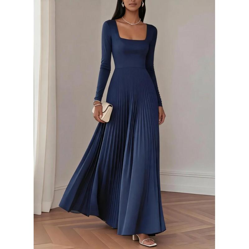 Elegant Square Neck Long Sleeve Waist-Cinched Pleated Maxi Dress Women 2026 Fall Formal Occasion