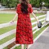 Vintage Print Lange Jurken voor Vrouwen Plus Size Korte Mouw Casual Zomerjurk Elegante Middelbare Leeftijd Dameskleding