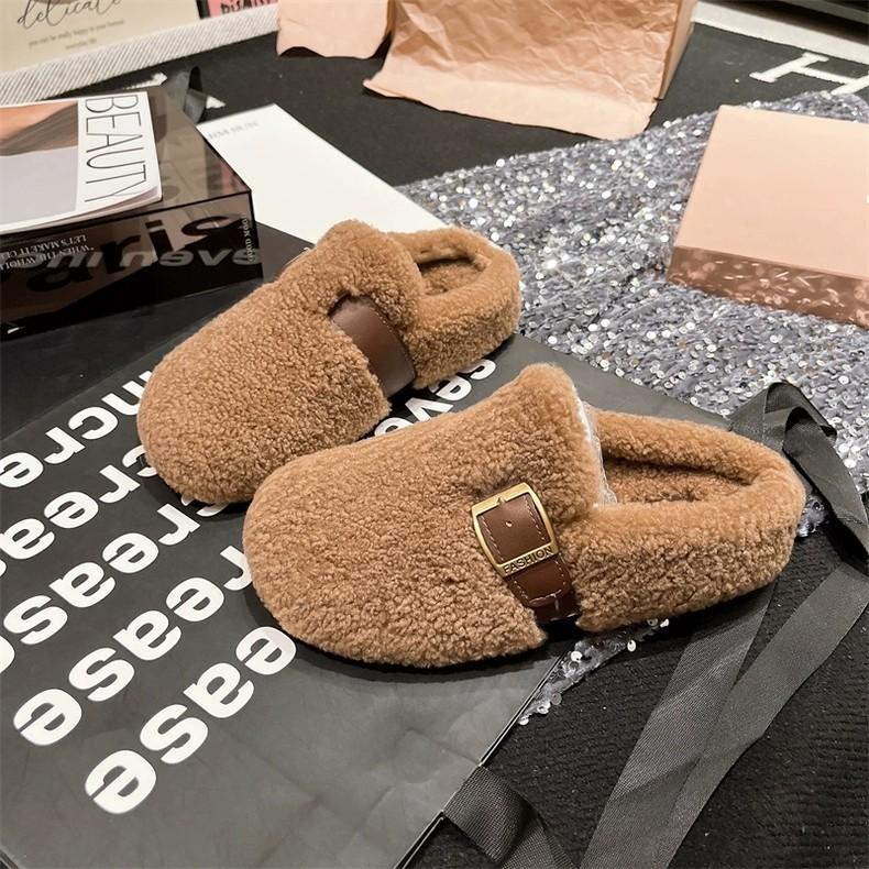 Fashion Simple Flat Bottom Fur Slippers Women's Outdoor Wear 2025 New Autumn Winter Slip-On Fashionable Cotton Slippers Korean Style