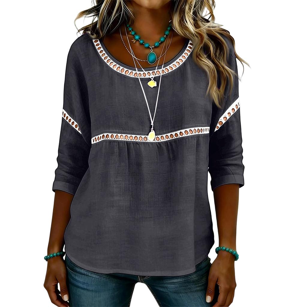 Women’s Casual Loose Fit Blouse with Hollow Out Trim Detailing Long Sleeve Round Neck Lightweight Pullover Top Shirt