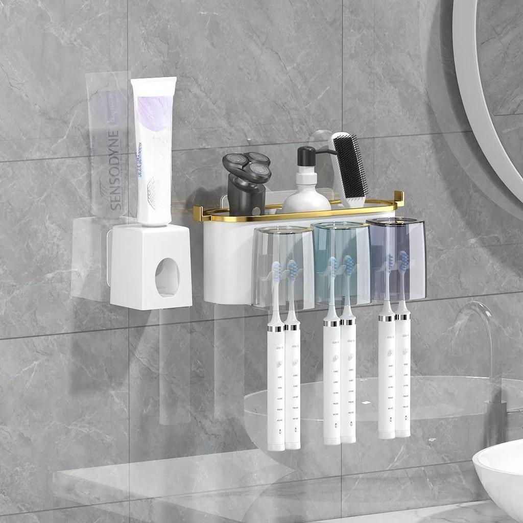 Wall Mount 2-in-1 Toothbrush Holder with Squeezer & Built-in Cup | No Drill Bathroom Organizer for 2-4 Brushes