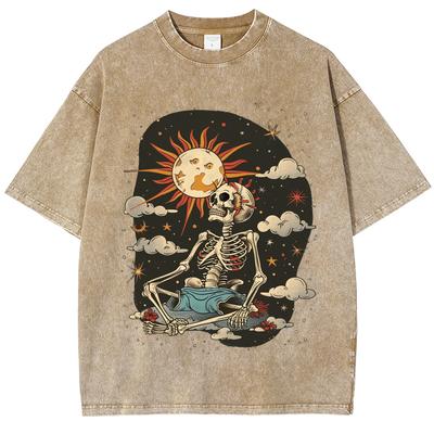 T-Shirts Men's Washed Vintage Skull Sun Pattern Print Street Hip Hop Retro Punk Gothic Harajuku Casual Cotton Short Sleeve
