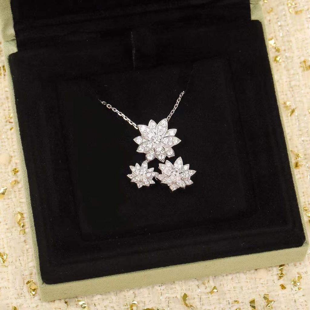 New Hot Brand Vintage Necklace  Luxury Jewelry For Women Lotus Zircon 3 Flowers Pure 925 Sliver Fashion Party Chain Necklace