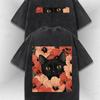 Vintage Washed T-Shirt - Black Cat And Floral Print (Front/ Back) - Y2K Street Style - Loose Men'S And Men'S Top - Daily Casual Shirt - Machine Washed