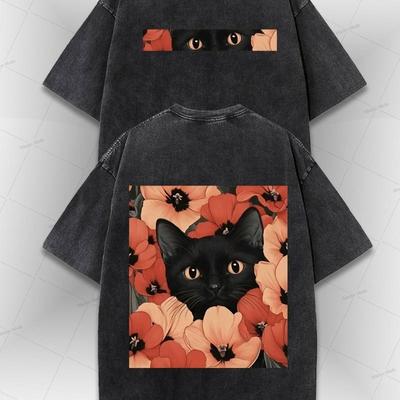 Vintage Washed T-Shirt - Black Cat And Floral Print (Front/ Back) - Y2K Street Style - Loose Men'S And Men'S Top - Daily Casual Shirt - Machine Washed