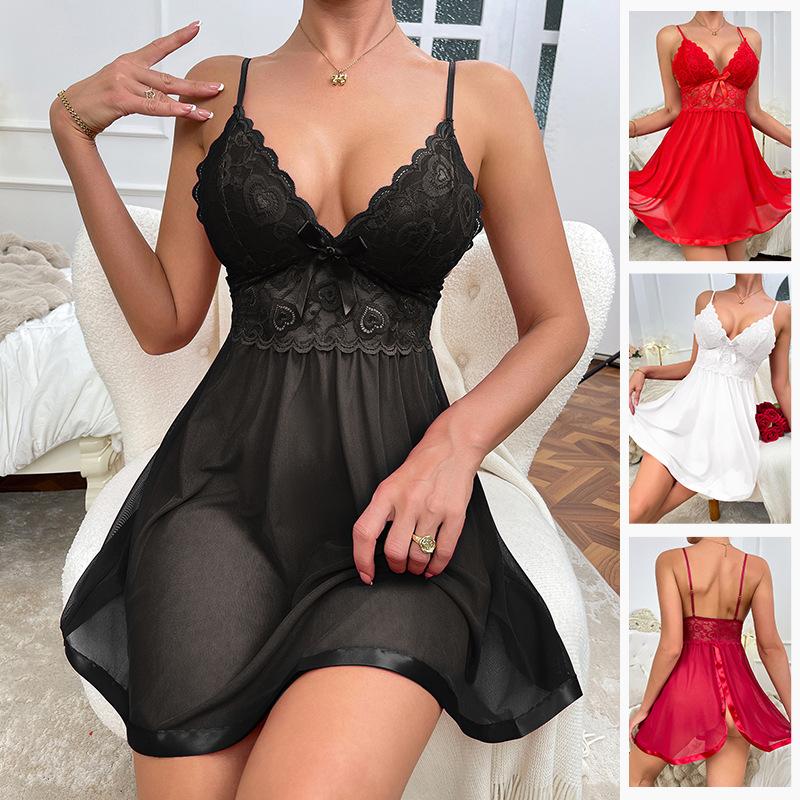 Sexy Lace Mesh Cami Nightgown Sheer Lingerie Sleepwear Women's Comfortable Loungewear 728 Breathable Feminine Sleepwear with Soft Lace Mesh