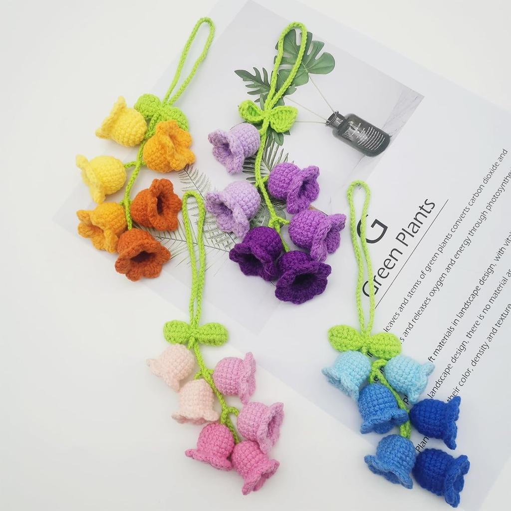 Car Rearview Mirror Hanging Ornament, Crochet Flower Basket Plant Accessory, Handmade Knitted Car Ornament Boho Accessory for Women (Lily of The