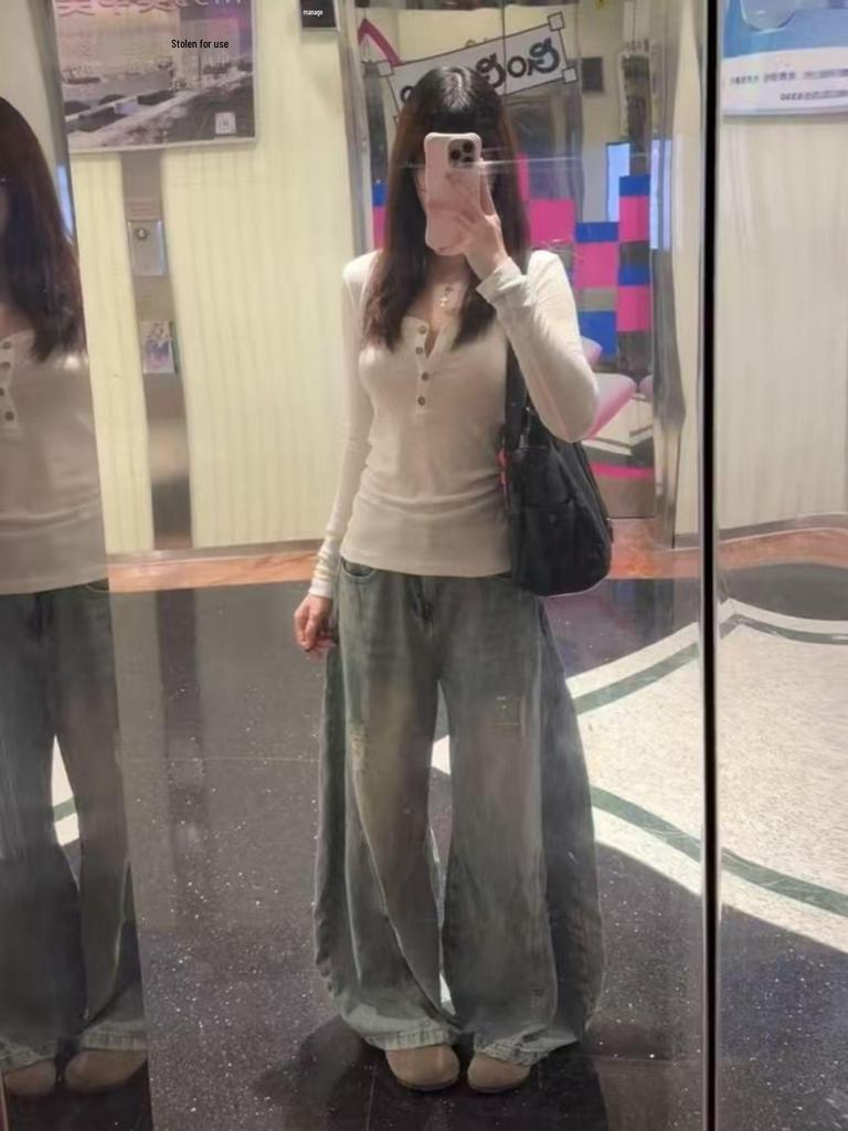 Rayon Plain V-neck Spicy American Style Long Sleeve T-shirt for Women - Early Autumn White Top