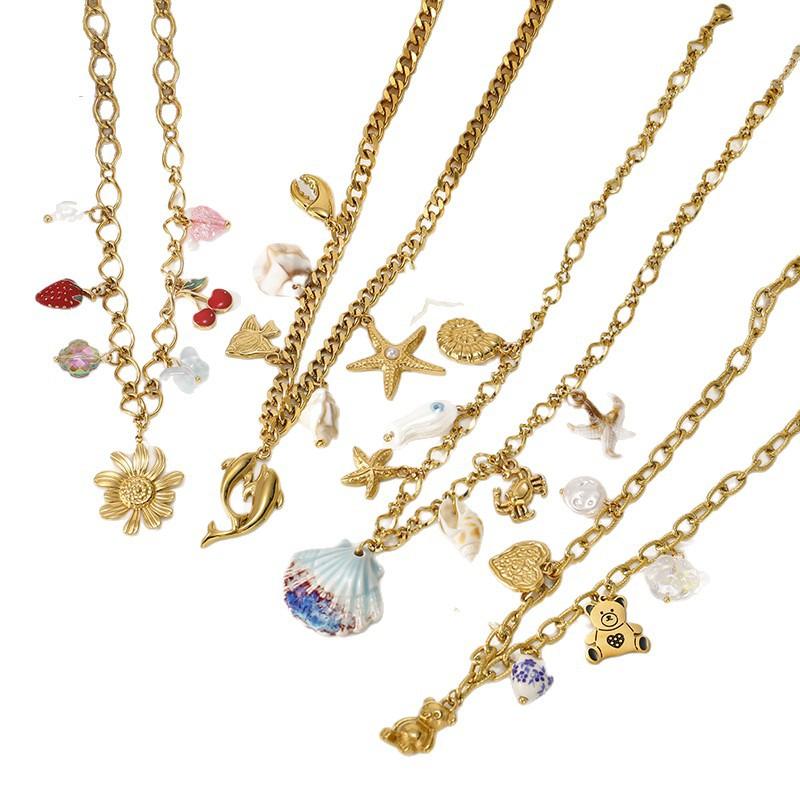High-end light luxury ocean-style gold chain necklace for women, multiple pendants, shells, starfish, and bear fashion accessories