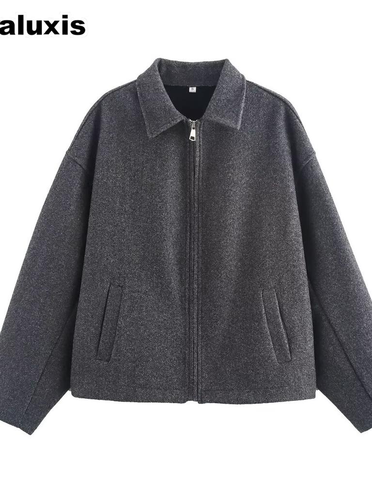 Women's Wind Pure Color Wide Fit Zippered Wool Coat Casual Versatile Autumn Winter Short Jacket
