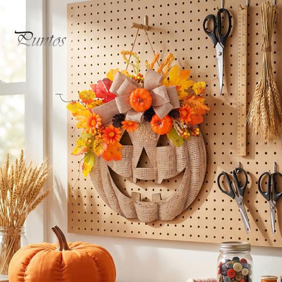 Illuminated Pumpkin Garland with Lights Wooden Halloween Door Sign LED Lights, Artificial Floral Hanging Burlap Wreath Berries Ornament for