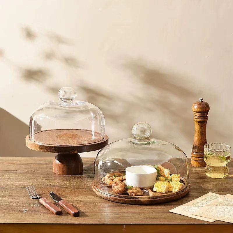 Acacia Wood Cake & Dessert Display Stand with Glass Dome