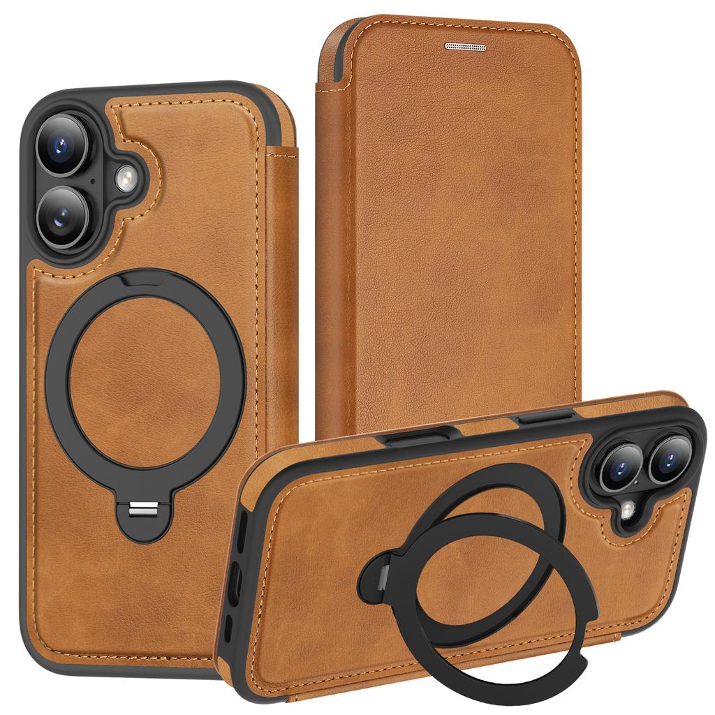 For iPhone 16 Case Compatible with MagSafe RFID Blocking Leather Wallet Cover with Rotating Ring Kickstand