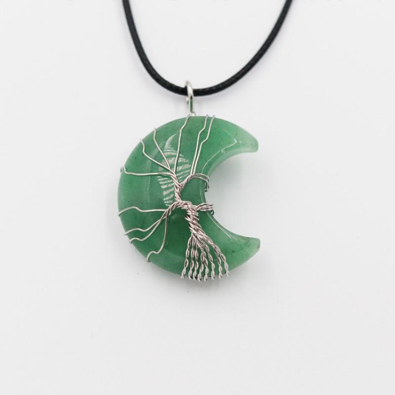 Handcrafted Geometric Moon Pendant Necklace With Natural Stone Wire-Wrapped Tree Design Women