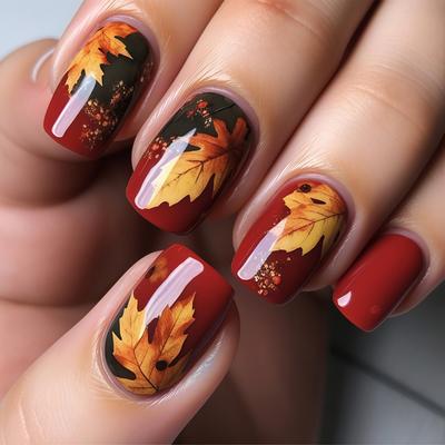 Retro Maple Leaf Manicure Red And Brown Gradient Short Square Wearable Nails Fashionable Fine Glitter Embellishment Wearable Nails