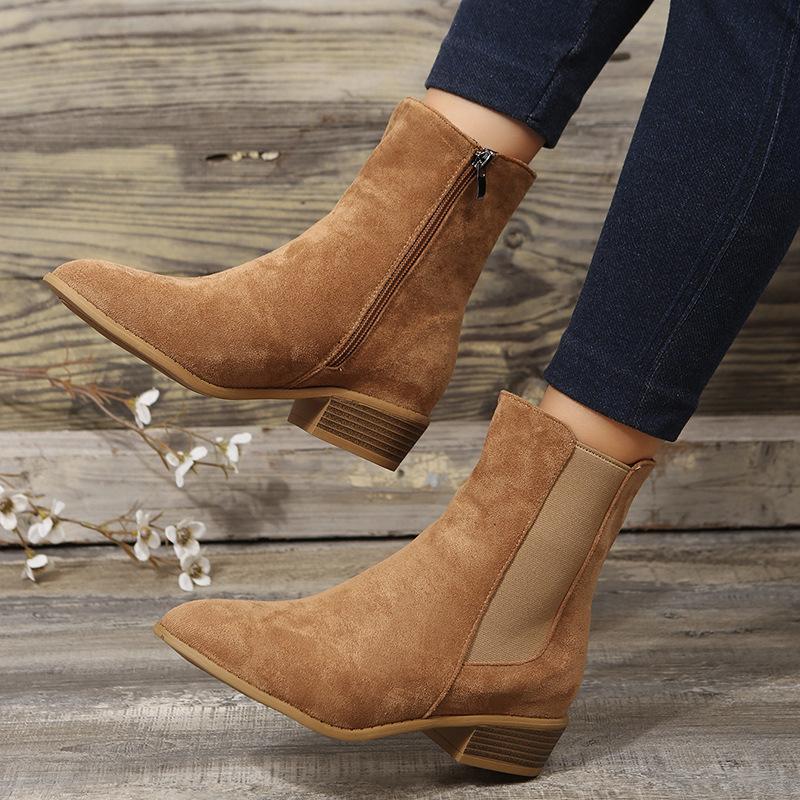 2026 Winter New Large Size Women's Shoes Medium Tube Suede Pointed Side Zipper Thick Heel Ankle Short Boots Women