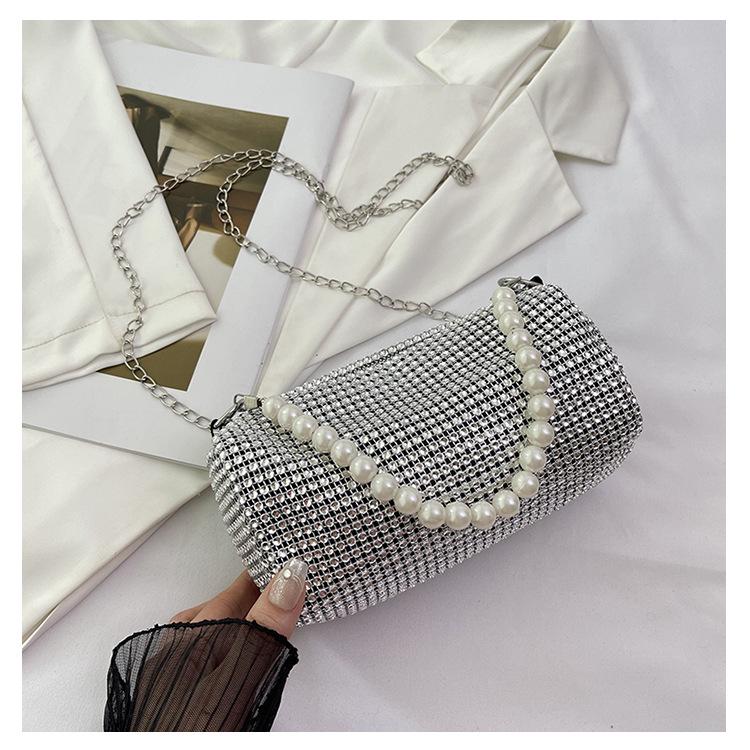 

Женская сумка с бриллиантами Весна-Лето 2024: Элегантный универсальный цилиндр-цепочка для банкетов серебряный