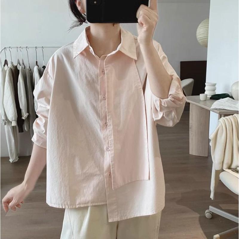 Cotton Shirt Women's New Spring Autumn Loose Korean Style Simple Design Irregular Top