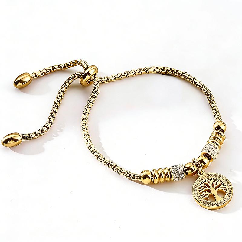 Adjustable Titanium Steel Bracelet with Zircon Tree of Life Design for Fall Winter золотой