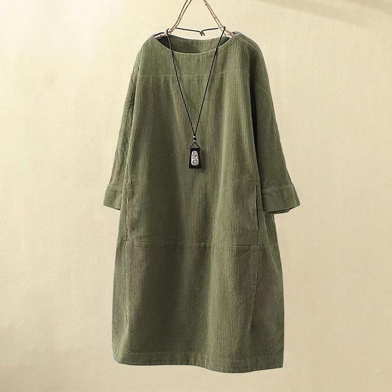 Women's Round Neck Long Sleeve Corduroy Midi Dress Loose A-Line Dress Vintage Retro Solid Color Casual Plus Size Shift Dress