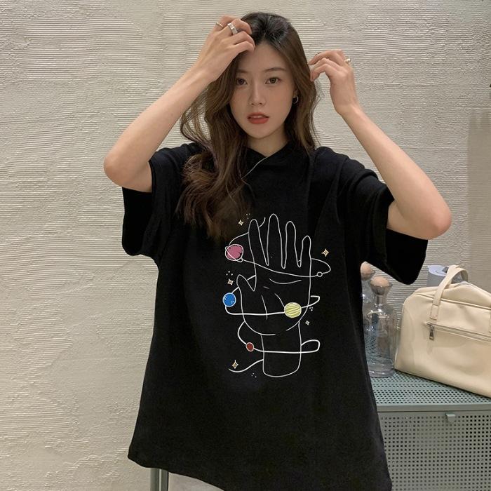 

Pure cotton trendy brand printed half-sleeved t-shirt women s summer new dopamine top 3XL чорний