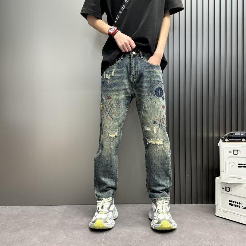 JYL Men s Straight Jeans Spring Embroidered Patch Vintage Wide-Leg Denim 31 бездна