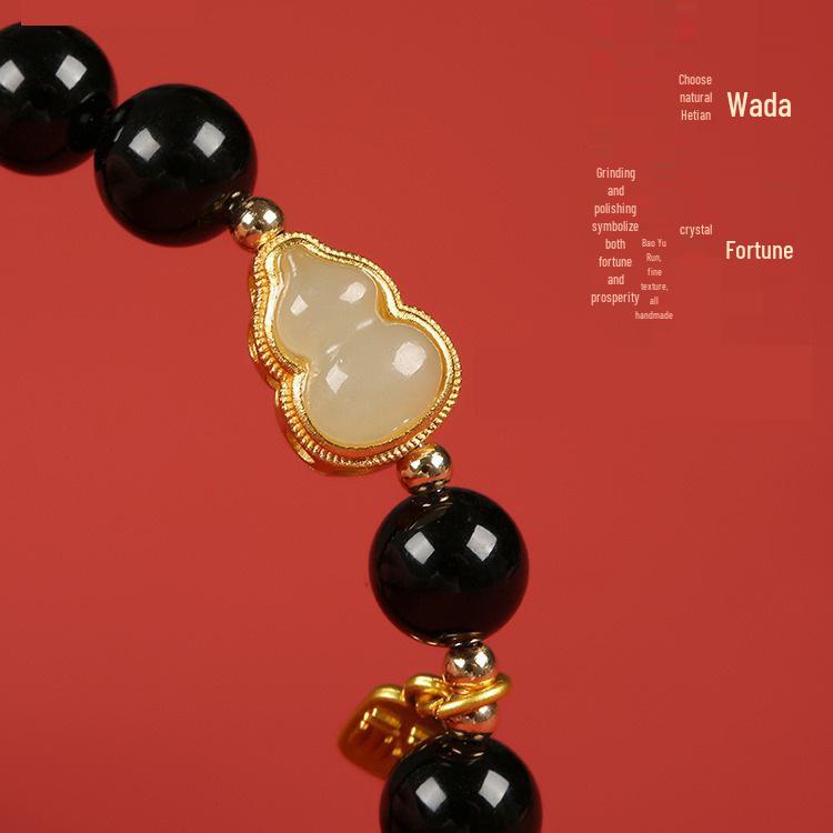 Women's Black Obsidian Gourd Bracelet - Year of the Rat Lucky Charm, Imitation Hetian Jade, Original Couple Gift.