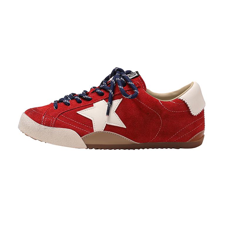 Women's Retro German Trainer: 2025 Genuine Leather Distressed Sneakers with Star, Mandarin Duck Stripe, Flat Bottom, Casual Skate Style