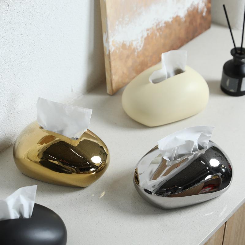 Electroplated Gold Ceramic Tissue Box Oval Home Napkin Container Living Room Dining Table Drawer Paper Box Home Decoration Gift