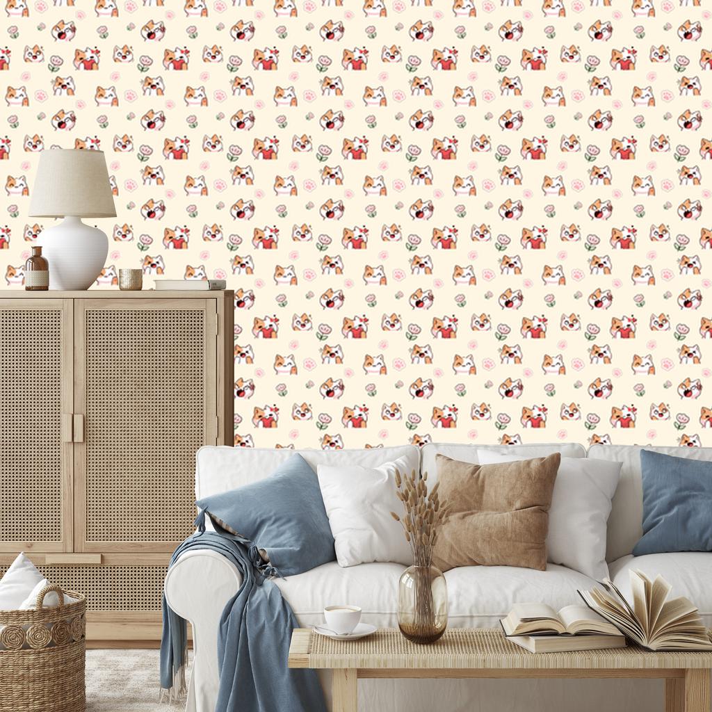 Wallpaper Cats Cream, Beige and Coral for Living Room and Bedroom 50x1000
