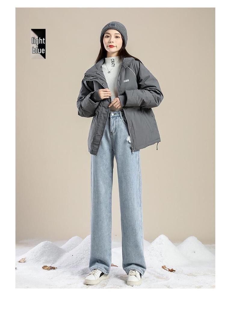 2023 Women's Korean Style Fleece-Lined High-Waisted Wide-Leg Jeans - Winter Slimming, Versatile, Loose, Straight-Leg Trend