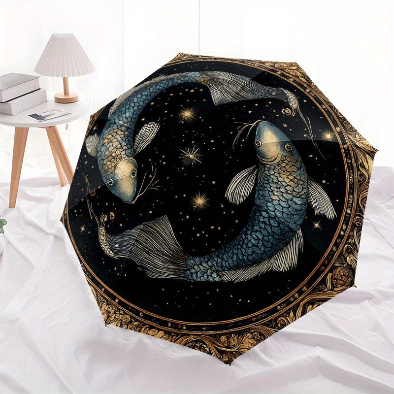 Golden Pisces Zodiac Sign Decorative PlateUmbrella, Portable 3-Fold Compact Umbrella for Men & Women Gift