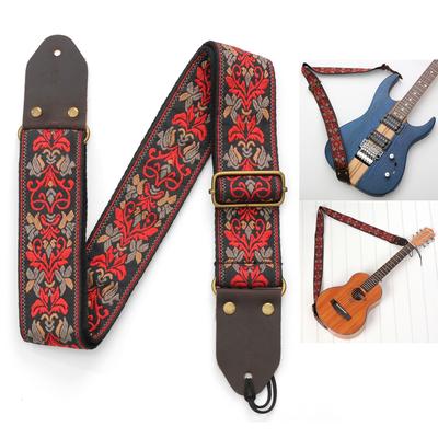 Vintage Flowers Guitar Strap Genuine Leather Head Stripes Bohemia Style Woven